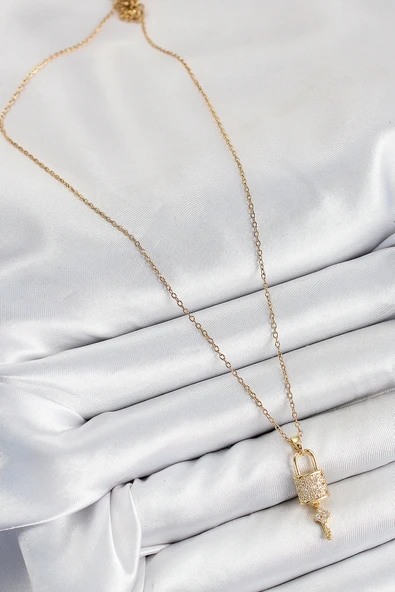 pilelistore 316L Çelik Zirkon Taşlı Kilit Ve Sallantılı Anahtar Model Gold Renk Kadın Kolye - TJ-BKO10353 - 2