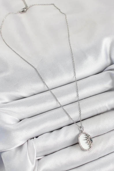 pilelistore 316L Çelik Zirkon Taşlı Yarım Güneş Model Gümüş Renk Kadın Kolye - TJ-BKO10344 - Resim 2