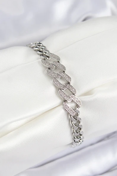 pilelistore Pirinç Zirkon Taşlı Ezme Küba Zincir Model Gümüş Renk Kadın Bileklik - TJ-BB7550