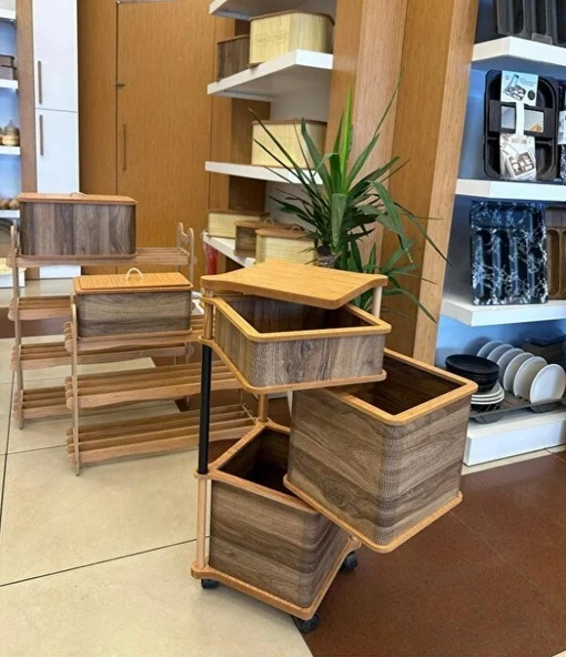 Ahşap Kare Tekerlekli Kahve Sebzelik 3 Katlı Yana Açılır Patates Soğan Sarımsak - 2