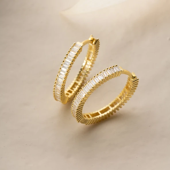 925 Ayar Gümüş Baget Taşlı Halka Küpe - Resim 2