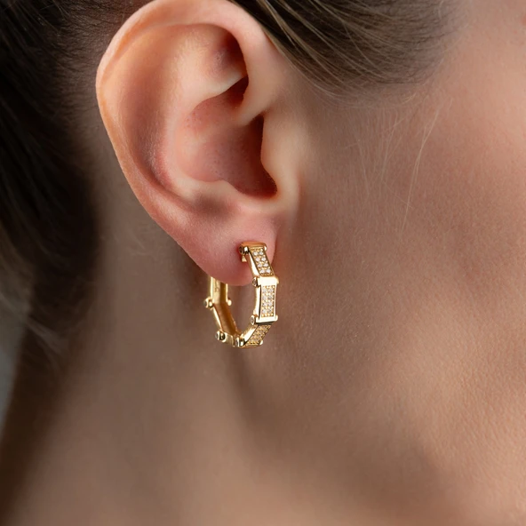 925 Ayar Gümüş Taşlı Köşeli Halka Küpe - 5