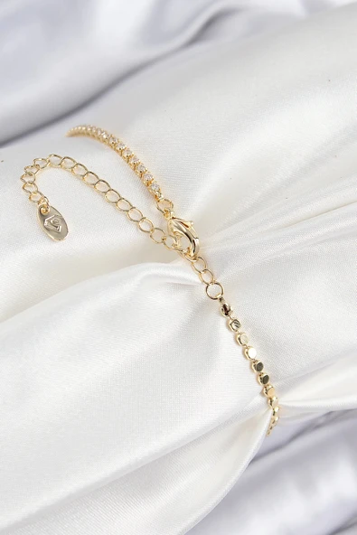 pilelistore Pirinç Zirkon Taşlı Nazar Model Ezme Zincir Gold Renk Kadın Bileklik - TJ-BB7583 - 2
