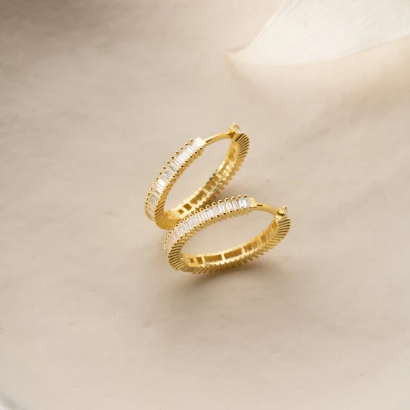 925 Ayar Gümüş Baget Taşlı Halka Küpe - Resim 6