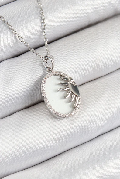 pilelistore 316L Çelik Zirkon Taşlı Yarım Güneş Model Gümüş Renk Kadın Kolye - TJ-BKO10344 ürün görseli 1