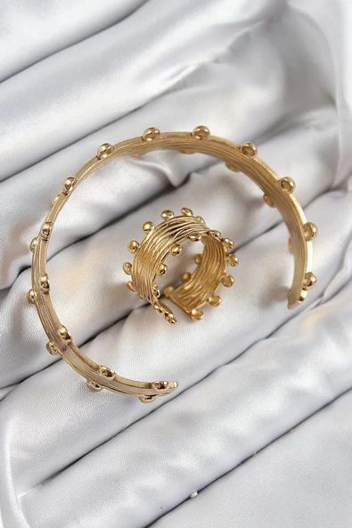 pilelistore Pirinç Topcuk Model Gold Renk Bileklik Yüzük Set - TJ-BB7602 - 2