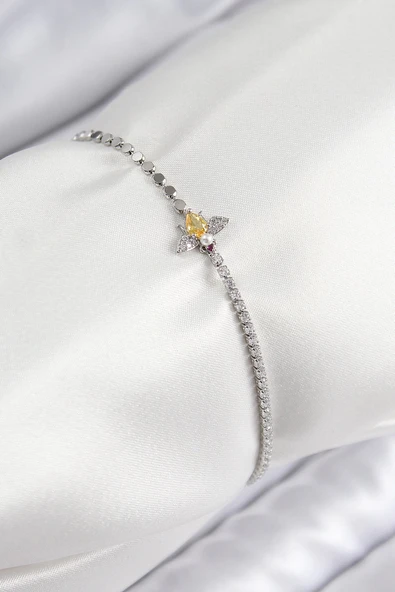 pilelistore Pirinç Zirkon Taşlı Arı Model Ezme Zincir Gümüş Renk Kadın Bileklik - TJ-BB7596