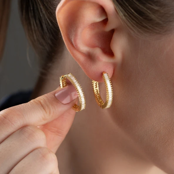 925 Ayar Gümüş Baget Taşlı Halka Küpe - Resim 5