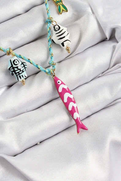 pilelistore Seramik Motifli Pembe Balık Figürlü Model Mavi İp Kadın Kolye - TJ-BKO10397 ürün görseli 1
