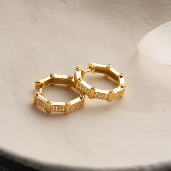 925 Ayar Gümüş Taşlı Köşeli Halka Küpe - 6