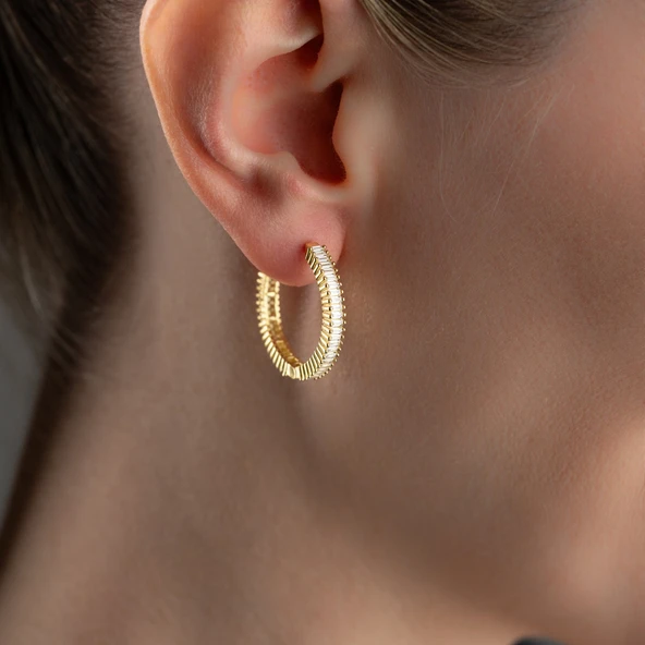 925 Ayar Gümüş Baget Taşlı Halka Küpe - Resim 3