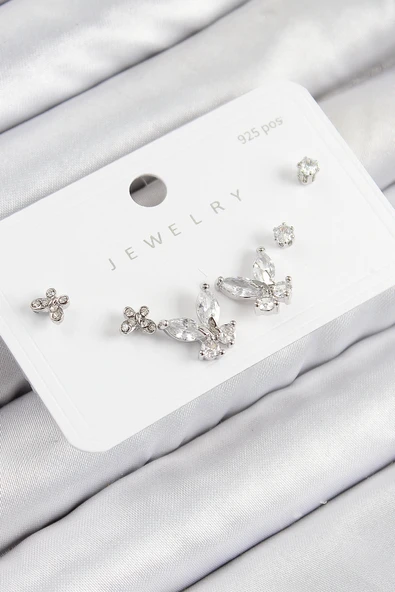 pilelistore Pirinç Zirkon Taşlı Kelebek Model Gümüş Renk 925 Ayar Gümüş Çivi Kadın Küpe Set - TJ-BKP11165 ürün görseli 1