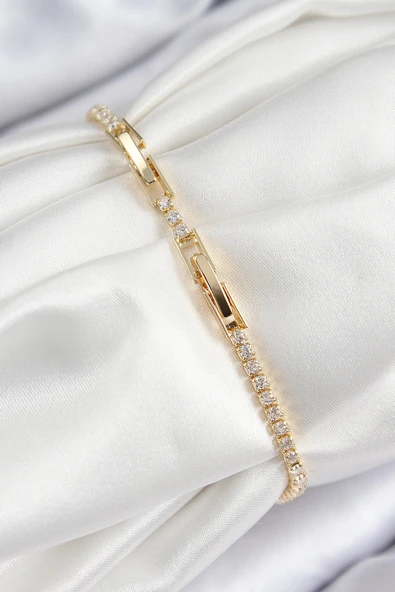 pilelistore Pirinç Renkli Zirkon Taşlı Geometrik Model Gold Renk Kadın Bileklik - TJ-BB7689 - 2