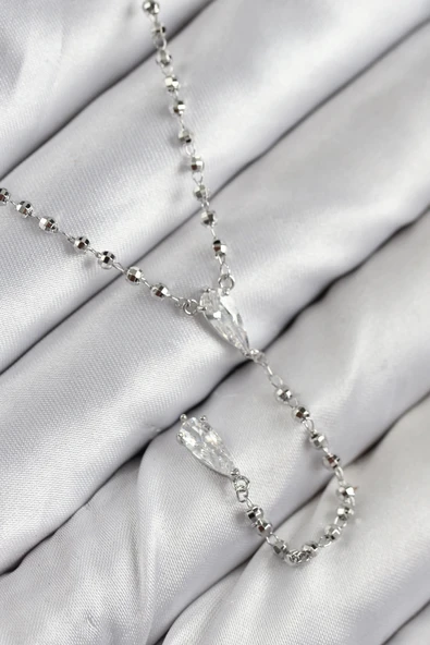 pilelistore Pirinç Zirkon Taşlı Gümüş Renk Kadın Y Kolye - TJ-BKO10496 ürün görseli 1