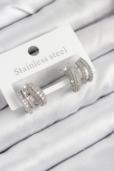 pilelistore Pirinç Zirkon Taşlı Kıvrımlı Model Gümüş Renk Kadın Küpe - TJ-BKP11092 ürün görseli 1