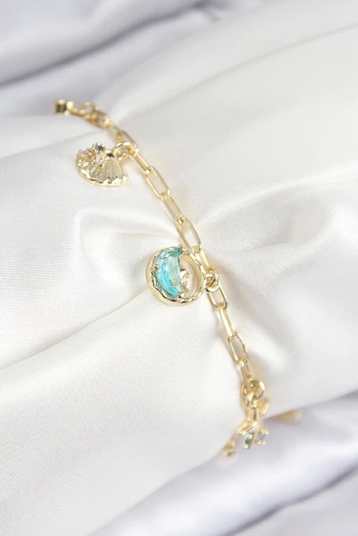 pilelistore Pirinç Zirkon Taşlı İstiridye Model Gold Renk Kadın Bileklik - TJ-BB7773