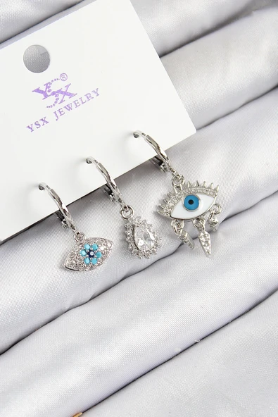 pilelistore Pirinç Zirkon Taşlı 3'lü Fatma'nın Gözü Model Gümüş Renk Kadın Küpe - TJ-BKP11130