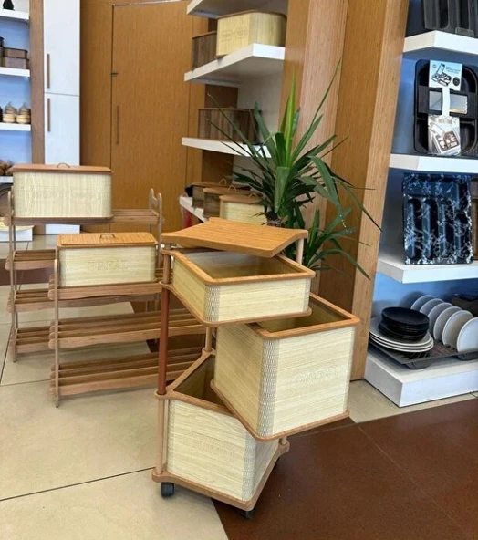 Ahşap Kare Tekerlekli Sebzelik 3 Katlı Yana Açılır Patates Soğan Sarımsak Krem - Resim 3