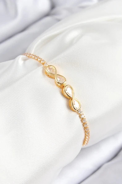 pilelistore Pirinç Zirkon Taşlı Sonsuzluk Model Gold Renk Asansörlü Kadın Bileklik - TJ-BB7721 ürün görseli 1