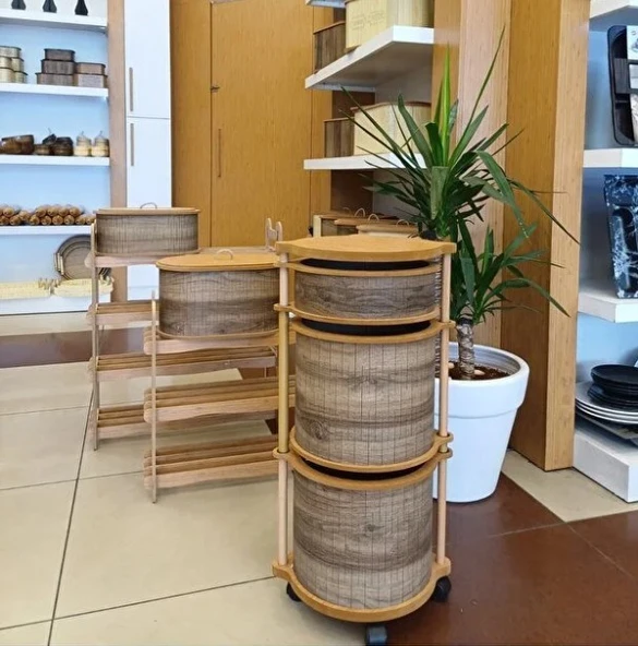 Ahşap Yuvarlak Tekerlekli Kahve Sebzelik 3 Katlı Yana Açılır Patates Soğan Sarımsak - 3