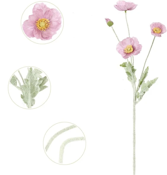 Yapay Çiçek Gelincik Çiçeği Gülkurusu Renk 3 Çiçek 1 Tomurcuk 59Cm - Resim 3