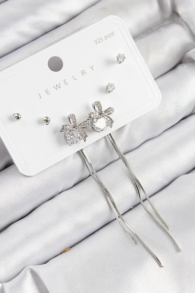 pilelistore Pirinç Zirkon Taşlı Sallantılı Fiyonk Model Gümüş Renk 925 Ayar Gümüş Çivi Kadın Küpe Set - TJ-BKP11169 ürün görseli 1