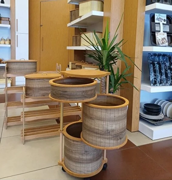 Ahşap Yuvarlak Tekerlekli Kahve Sebzelik 3 Katlı Yana Açılır Patates Soğan Sarımsak - 2