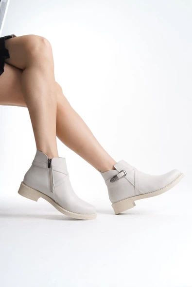 ALMILA Fermuarlı Lastikli Ortopedik Taban Topuklu Kadın Bot  CKT - Krem - Resim 2