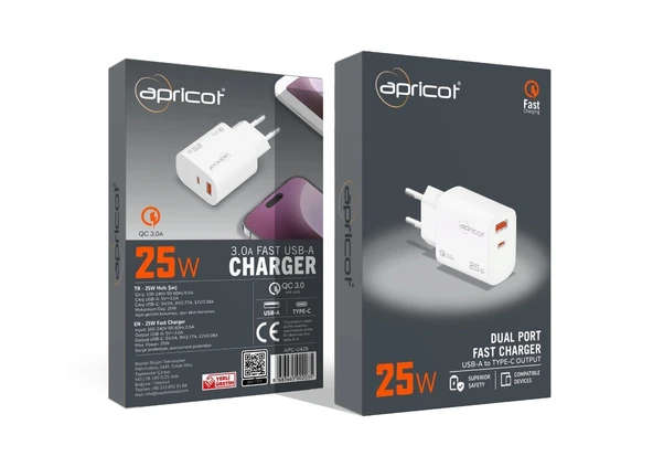 Şarj Kafa Type-C + Usb Çıkış 25 W Hızlı Şarj Apricot APC-U426 ürün görseli