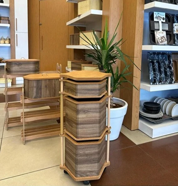 Ahşap Altıgen Tekerlekli Kahve Sebzelik 3 Katlı Yana Açılır Patates Soğan Sarımsak - 3