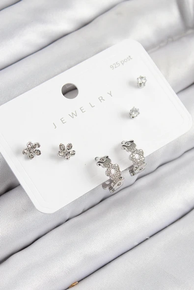 pilelistore Pirinç Zirkon Taşlı Halka Model Gümüş Renk 925 Ayar Gümüş Çivi Kadın Küpe Set - TJ-BKP11185 ürün görseli 1