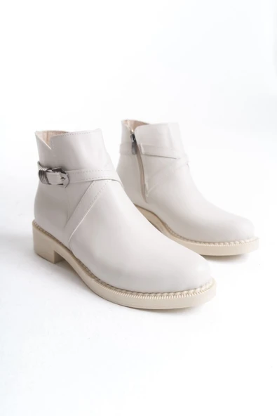 ALMILA Fermuarlı Lastikli Ortopedik Taban Topuklu Kadın Bot  CKT - Krem - Resim 4