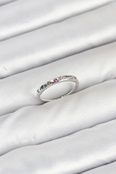 pilelistore Pirinç Gümüş Renk Renkli Zirkon Taşlı Kadın Yüzük - TJ-BYK3885