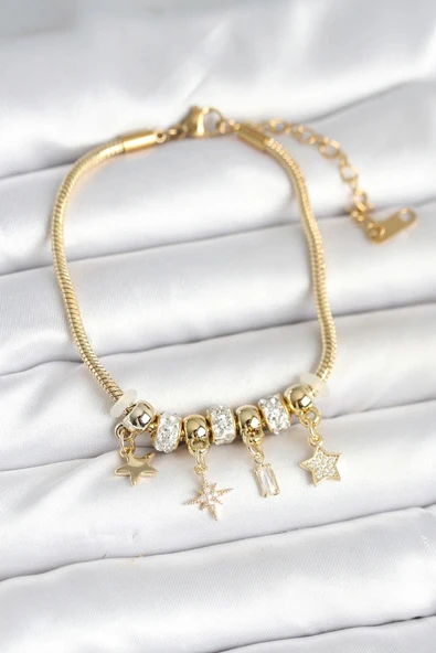 pilelistore Pirinç Gold Renk Kutup Yıldızı Charmlı Kadın Bileklik - TJ-BB7991