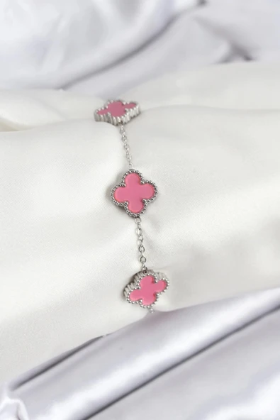 pilelistore 316L Çelik Gümüş Zincir Pembe Renk Yonca Bileklik - TJ-BB7909