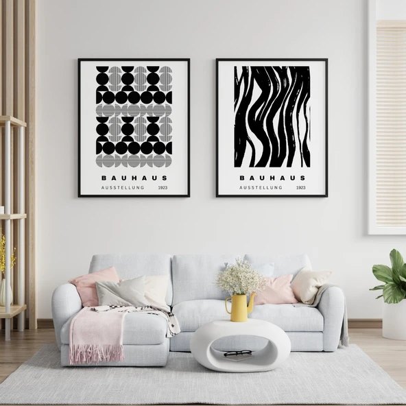 Siyah Beyaz Şekiller Duvar Tablosu Çerçeveli 2'li Set Siyah Renk 21 x 30 Boyut/Ebat