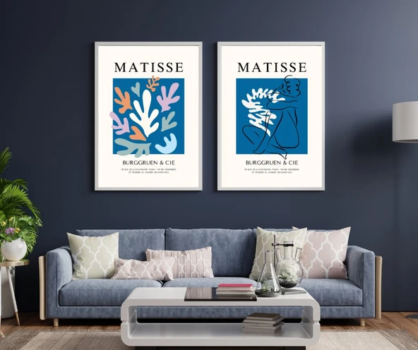 Mavinin Büyüsü Matisse Duvar Tablosu Çerçeveli 2'li Set Beyaz Renk 21 x 30 Boyut/Ebat