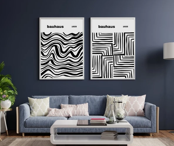 Bauhaus Siyah Çizgiler Duvar Tablosu Çerçeveli 2'li Set Beyaz Renk 35 x 50 Boyut/Ebat ürün görseli