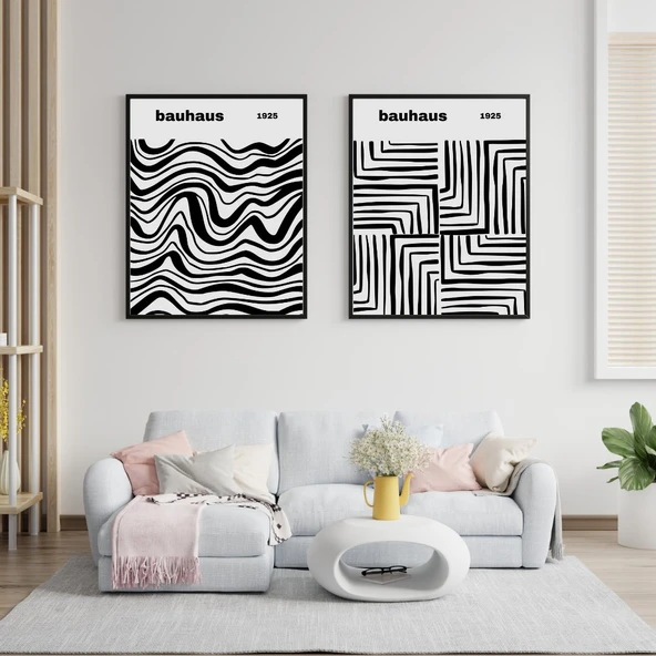 Bauhaus Siyah Çizgiler Duvar Tablosu Çerçeveli 2'li Set Siyah Renk 30 x 42 Boyut/Ebat