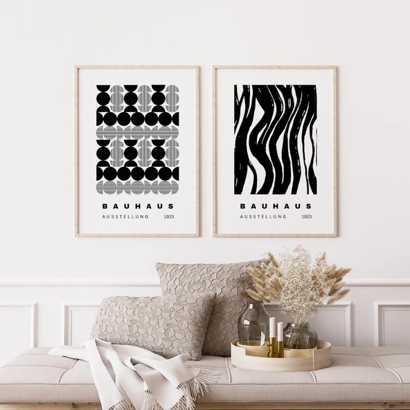 Siyah Beyaz Şekiller Duvar Tablosu Çerçeveli 2'li Set Ahşap Renk 21 x 30 Boyut/Ebat - Resim 2