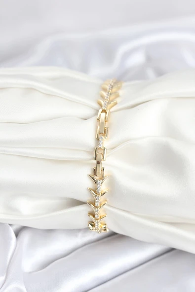 pilelistore Pirinç Gold Renk Balık Sırtı Model Zirkon Taşlı Kadın Bileklik - TJ-BB8027 - 2