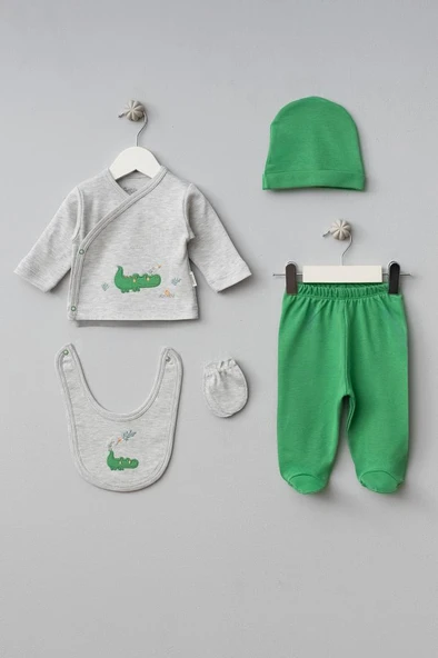 Bebitof %100 Pamuk Sevimli Kuş ve Timsah Desenli Bebek 5 Parça Yenidoğan Hastane Çıkışı Zıbın Seti BBTF.GRM.20108