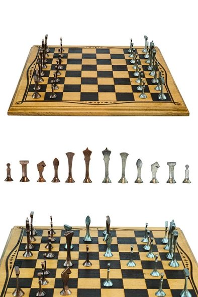 MC46 Büyük Boy Metal Satranç Takımı 37x37cm Doğal Ahşap Kayın Tahta – El Yapımı Antik Metal Taşlar