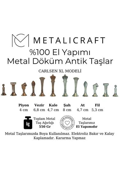 MC44 Büyük Boy Metal Satranç Takımı – Gerçek Ceviz Tahta – El Yapımı Antik Taşlar 35x35cm - 2
