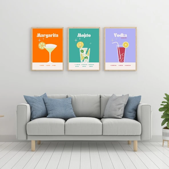 Renkli Kokteyler Duvar Tablosu Çerçeveli 3'lü Set Ahşap Renk 21 x 30 Boyut/Ebat - 2