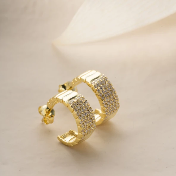 925 Ayar Gümüş Şeritli ve Taşlı Halka Küpe - Resim 2