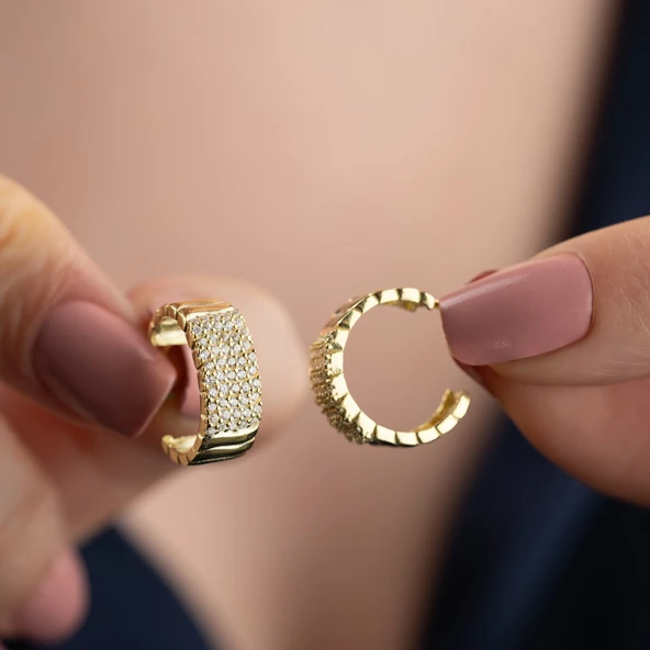 925 Ayar Gümüş Şeritli ve Taşlı Halka Küpe - Resim 5