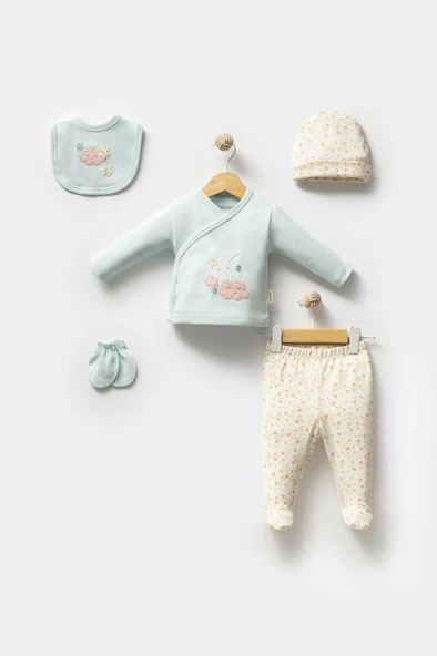 Bebitof %100 Pamuk Sevimli Ay ve Bulutlar Desenli Bebek 5 Parça Yenidoğan Hastane Çıkışı Zıbın Seti BBTF.YSL.20223