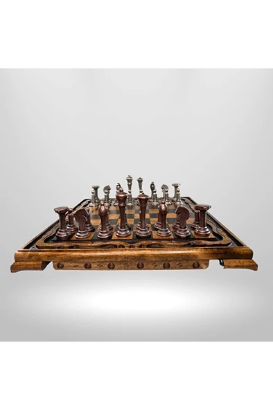 MC01 Metal Satranç Takımı - Doğal Ahşap Ceviz Tahta - El Yapımı Antik Metal Taşlar - 3