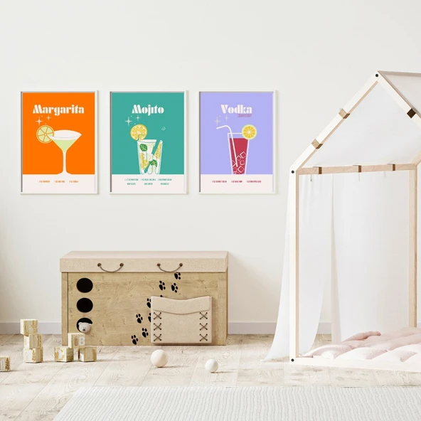 Renkli Kokteyler Duvar Tablosu Çerçeveli 3'lü Set Beyaz Renk 30 x 42 Boyut/Ebat - 2